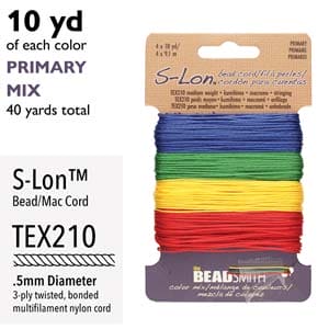 S-Lon Bead Cord 10 Yards Each Primary Colors Mix, 40 Yards Total