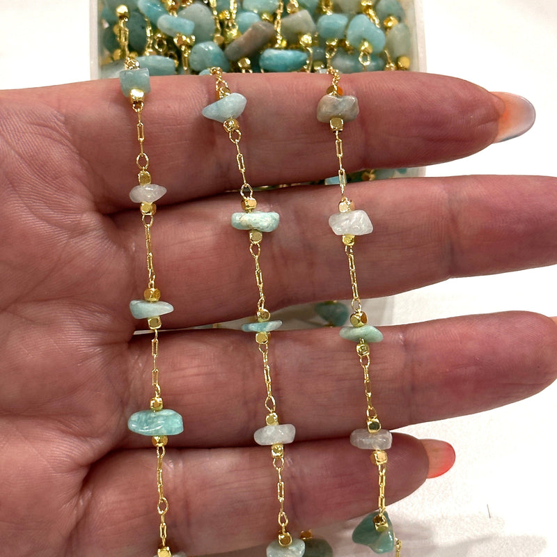 Amazonite Rosary Chain, 24Kt Gold Plated Gemstone Chain,
