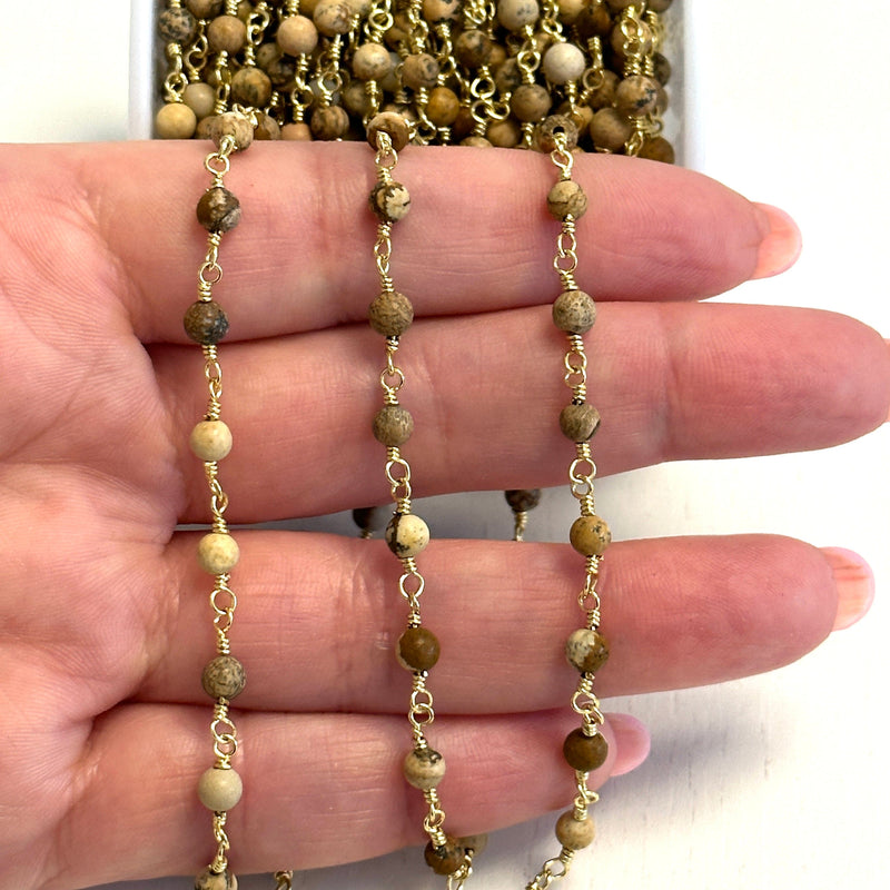 Jasper Rosary Chain, 24Kt Gold Plated Gemstone Chain,