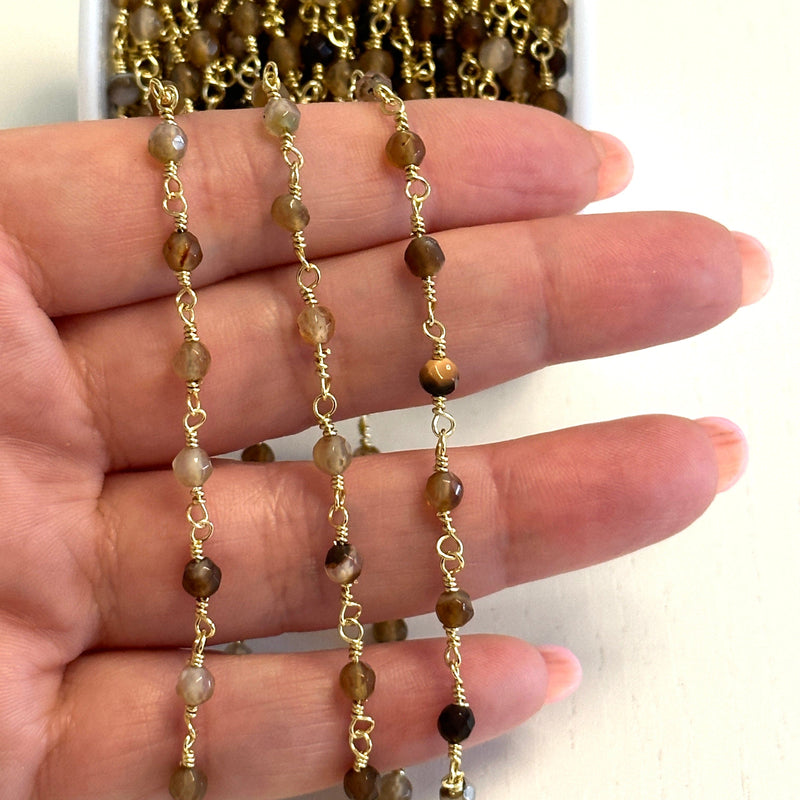 Agate Rosary Chain, 24Kt Gold Plated Gemstone Chain,