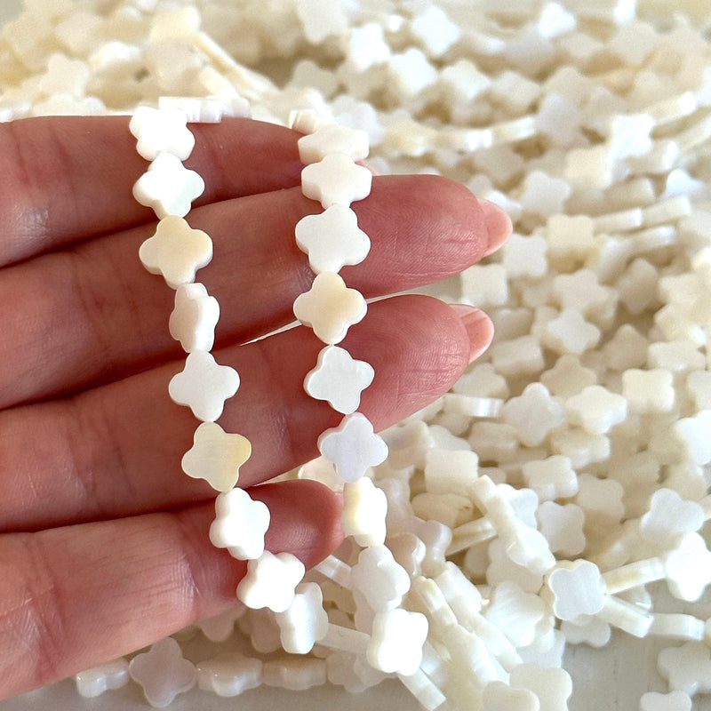 Mother Of Pearl Clover 8mm Beads, Natural Mother of Pearl Clover, 46 Beads Strand