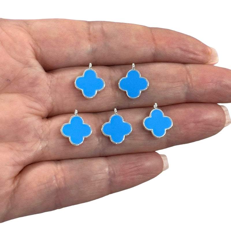 Silver Plated Blue Enamelled Clover Charms, 5 pcs in a Pack