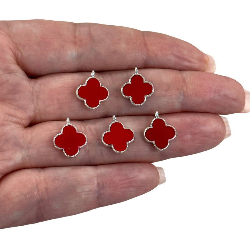 Silver Plated Red Enamelled Clover Charms, 5 pcs in a Pack