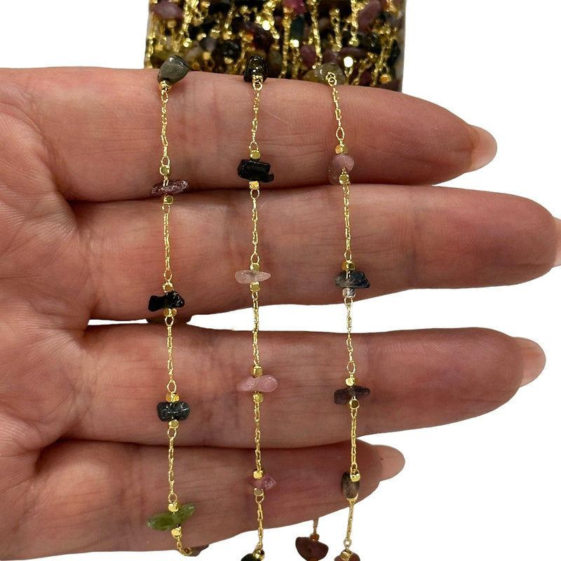 Tourmaline Rosary Chain, 24Kt Gold Plated Gemstone Chain,