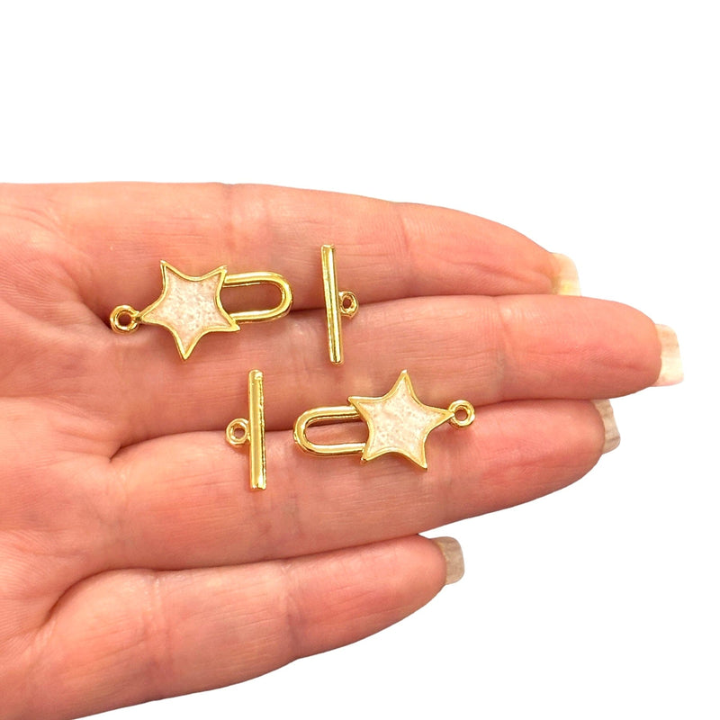 2 Sets 24Kt Shiny Gold Plated Ivory Enamelled Toggle Clasps,