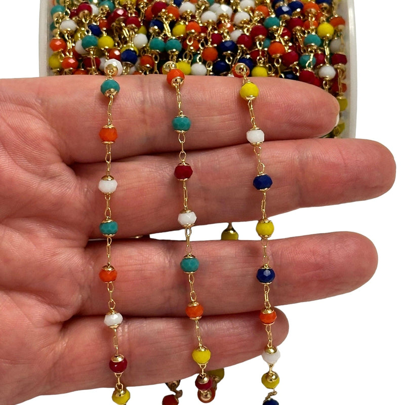 Multicolor Faceted Round Crystal Rosary Chain, 24Kt Gold Plated Rosary Chain