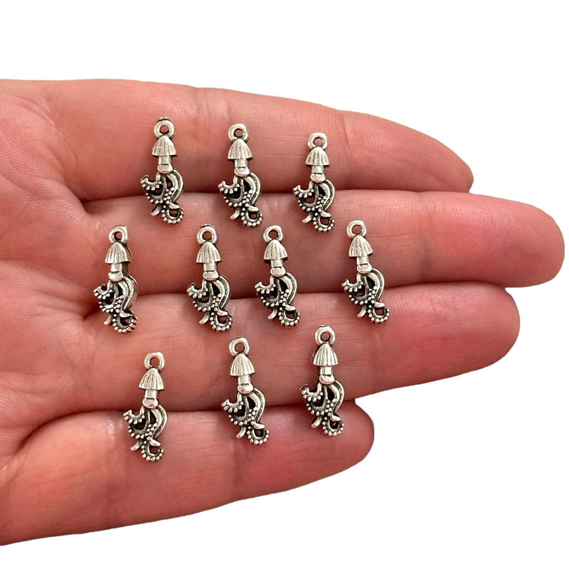Antique Silver Plated Jellyfish Charms, Silver Under the Sea Charms, 10 pcs in a pack