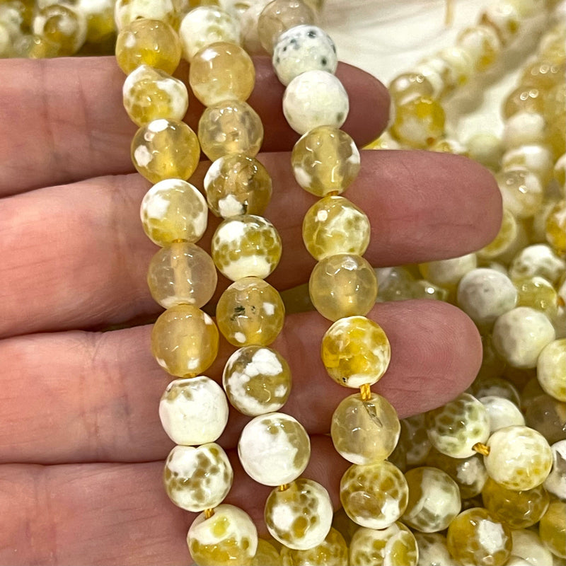 White spotted Yellow Agate faceted 8mm, 47 beads per strand