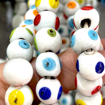 Traditional Turkish Artisan Handmade Round Evil Eye Glass Beads, Large Hole Glass Beads, 10 Beads in a pack