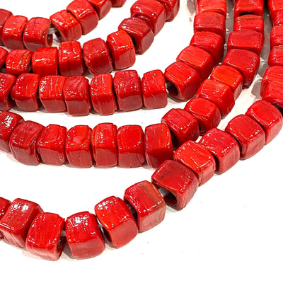 Hand Made Glass Cube Beads, Large Hole Traditional Lampwork Glass Beads, 10 Beads-RED