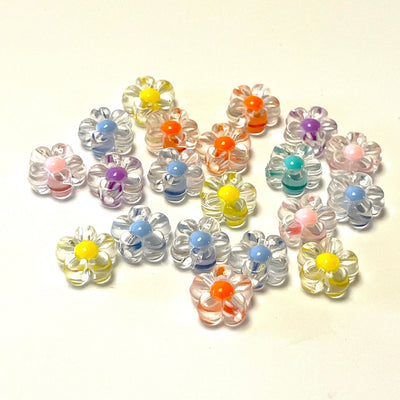 Acrylic Flower Beads, 12mm Inside Dyed Transparent Acrylic Flower Beads, 50 Gr Pack, Approx 95 Beads in a Pack