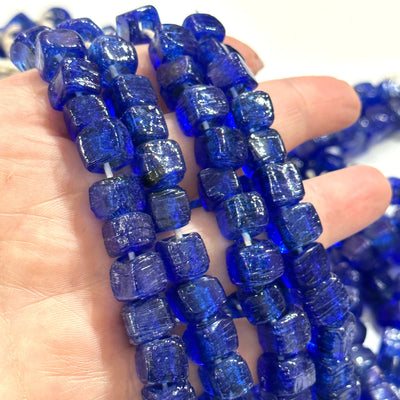 Hand Made Glass Cube Beads, Large Hole Traditional Lampwork Glass Beads, 10 Beads-NAVY