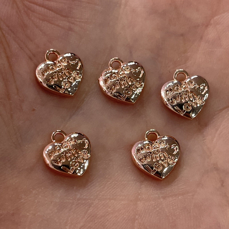 Made With Love Heart Charms, Rose Gold Plated 10mm Made With Love Heart Charms, 10 pcs in a pack