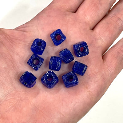 Hand Made Glass Cube Beads, Large Hole Traditional Lampwork Glass Beads, 10 Beads-NAVY