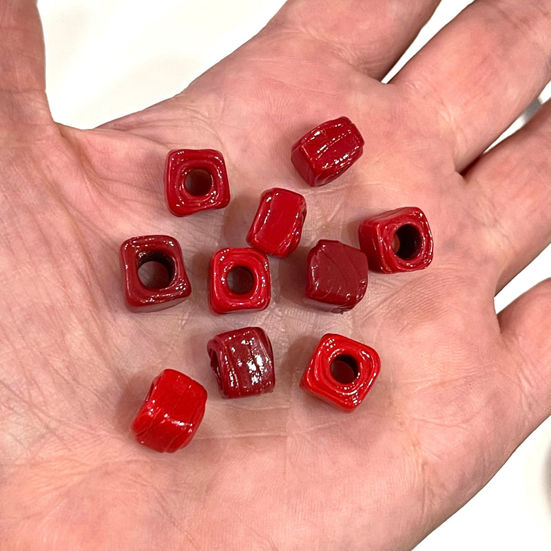 Hand Made Glass Cube Beads, Large Hole Traditional Lampwork Glass Beads, 10 Beads-RED
