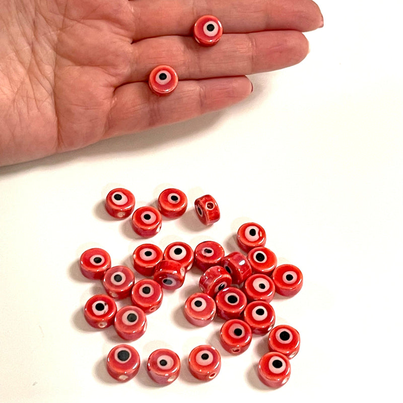 Hand Made Ceramic Red Flat Round Evil Eye Double Sided Charms, 5 pcs in a pack