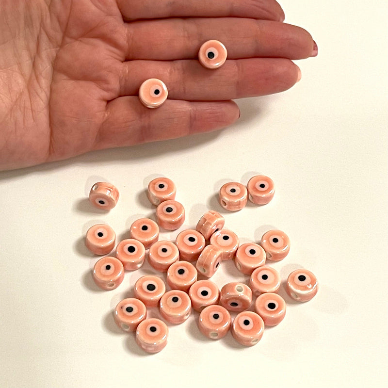 Hand Made Ceramic Peach Flat Round Evil Eye Double Sided Charms, 5 pcs in a pack
