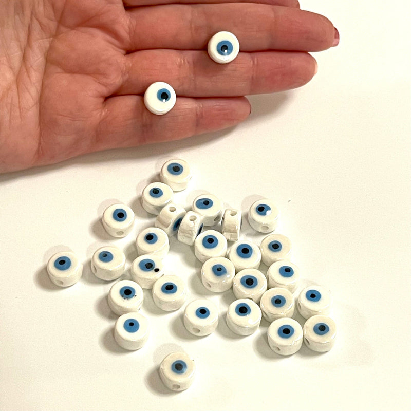 Hand Made Ceramic White Flat Round Evil Eye Double Sided Charms, 5 pcs in a pack