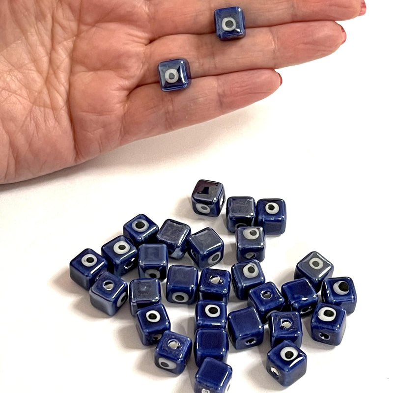 Hand Made Ceramic Navy Cube Evil Eye Double Sided Charms, 5 pcs in a pack