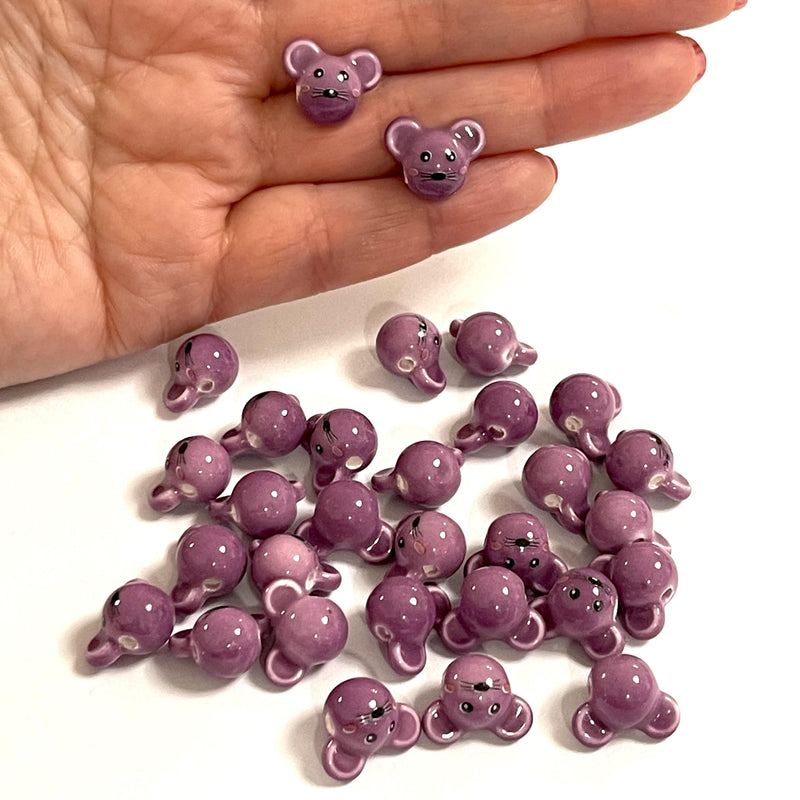 Hand Made Ceramic Lilac Funny Mouse Charms, 5 pcs in a pack