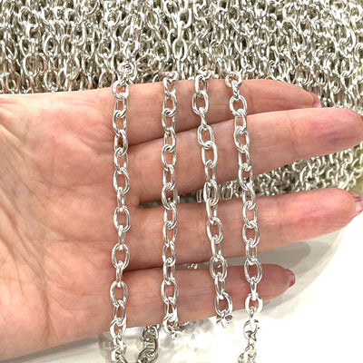 Silver Plated Rolo Chain, 8x5mm Open Link Rolo Chains, Silver Curb Chain, Necklace Extender Chain