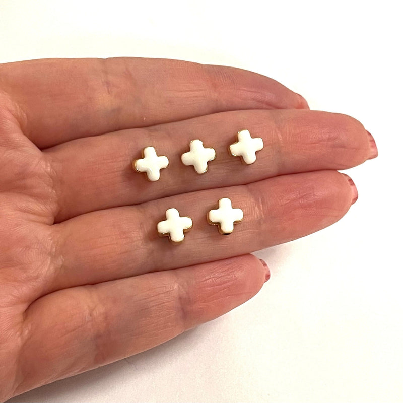 24Kt Gold Plated White Enamelled Cross Spacer Charms, 5 Pcs in a Pack