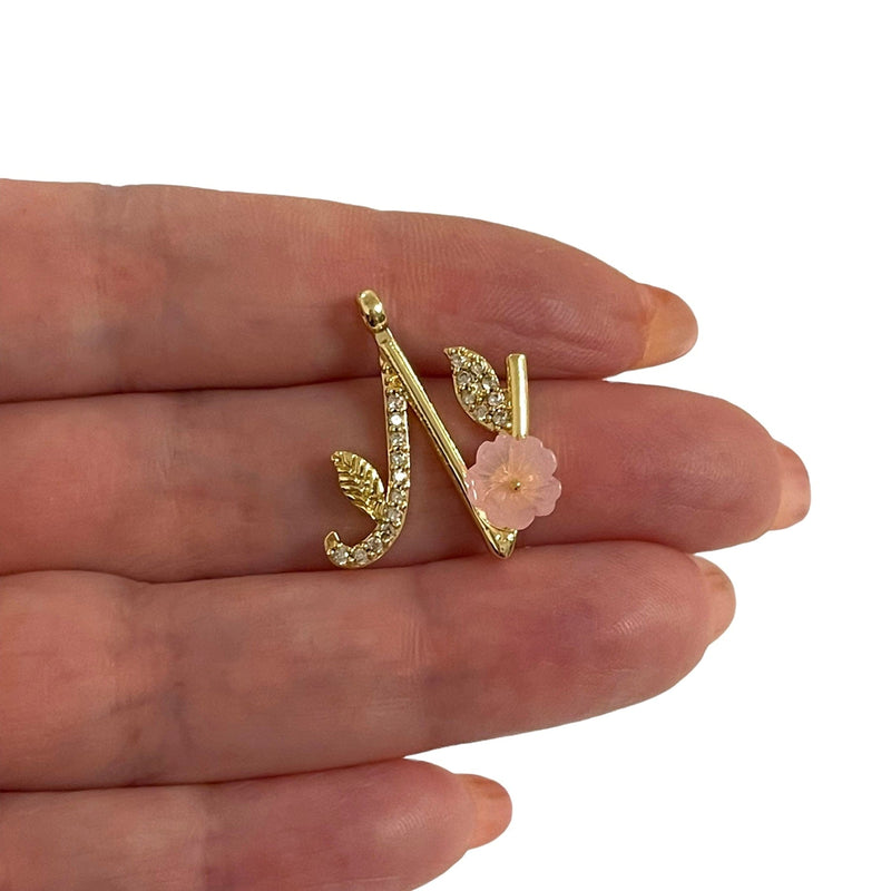 24Kt Gold Plated CZ Micro Pave Initial Pendant With Pink Flower