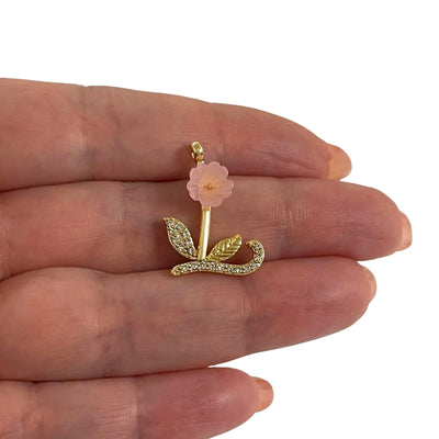 24Kt Gold Plated CZ Micro Pave Initial Pendant With Pink Flower