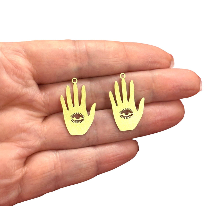 Raw Brass Hand With Third Eye Charms, Laser Cut Hand Charms, 2 pcs in a pack