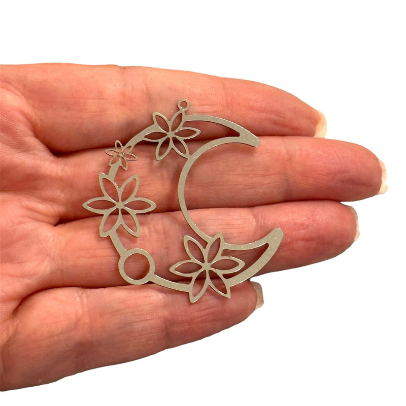 Stainless Steel Crescent with Flower Charm, Laser Cut Crescent with Flower Charm