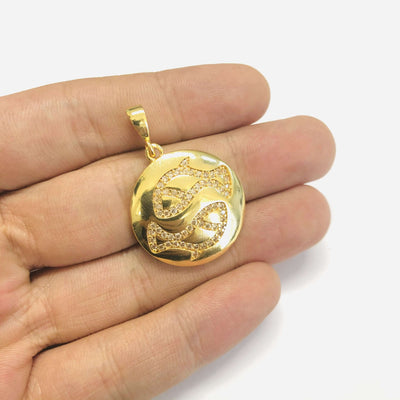 24Kt Gold Plated Brass Zirconia Zodiac Horoscope Sign, Constellation Medallion Pendant,  Celestial Astrology Charm for Necklace