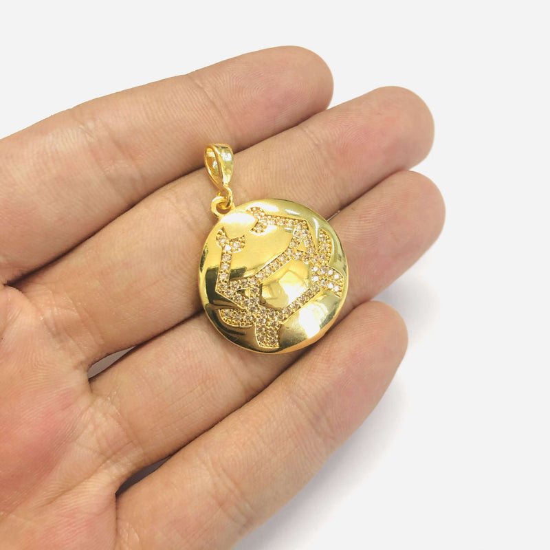 24Kt Gold Plated Brass Zirconia Zodiac Horoscope Sign, Constellation Medallion Pendant,  Celestial Astrology Charm for Necklace