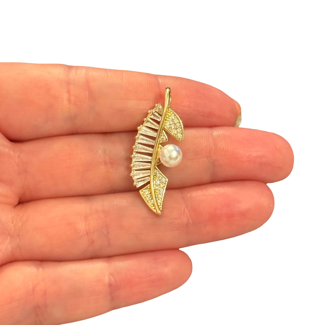 24Kt Gold Plated Baguette CZ Leaf Pendant with Pearl – Elegant Botanical Branch Charm, 33x14mm