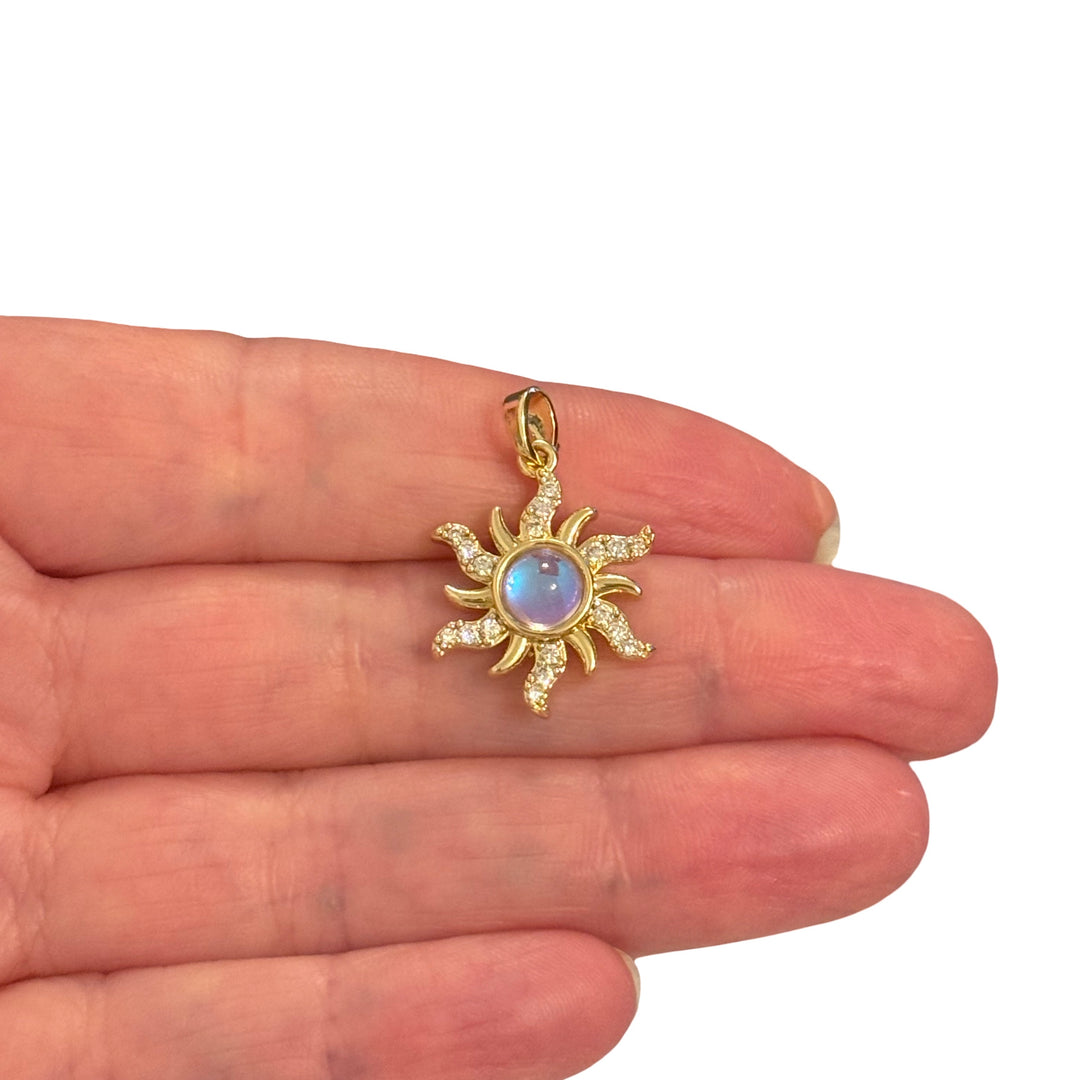 24Kt Gold Plated Opalescent Sun Pendant with CZ – Iridescent Celestial Sunburst Charm, 26x17mm