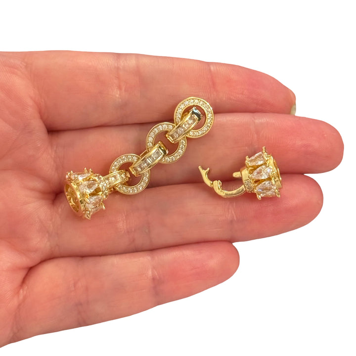 24Kt Gold Plated CZ Chain Link Hook Clasp – Baguette Crystal Decorative Necklace Bracelet Fastening, 55x12mm