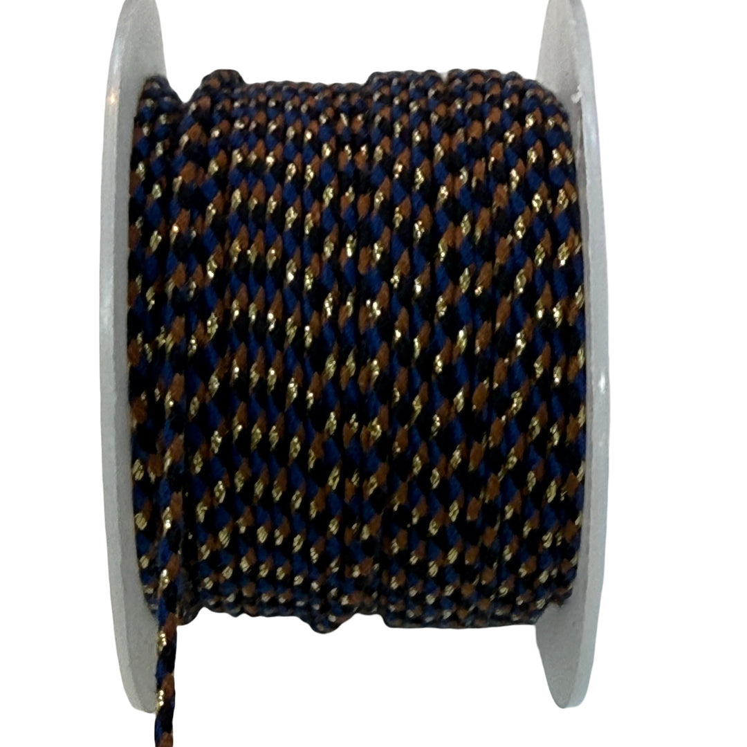 2mm Braided Jewellery Cord – Navy, Black &amp; Brown with Metallic Gold Thread – Sold by the Metre