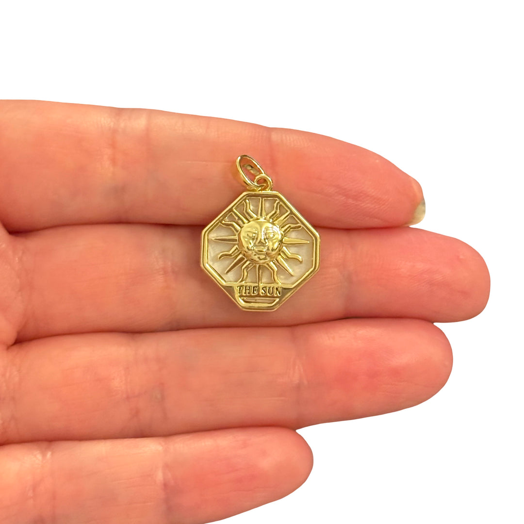 24Kt Gold Plated The Sun Tarot Card Pendant – Mother of Pearl Celestial Charm, 24x17mm