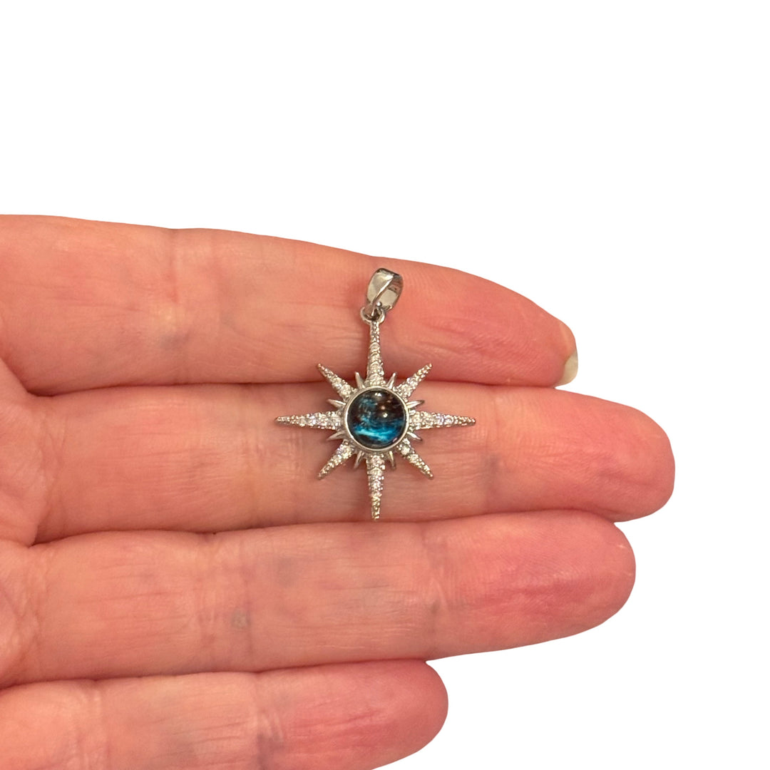 Rhodium Plated Blue Cat Eye North Star Pendant with CZ – Celestial Compass Star Charm, 22x14mm