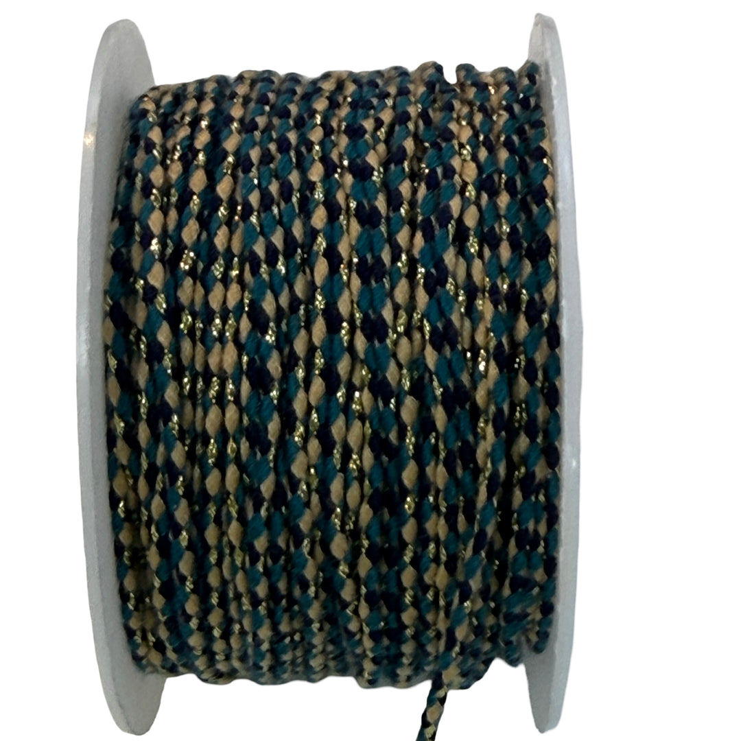 2mm Braided Jewellery Cord – Teal, Navy &amp; Beige with Metallic Gold Thread – Sold by the Metre