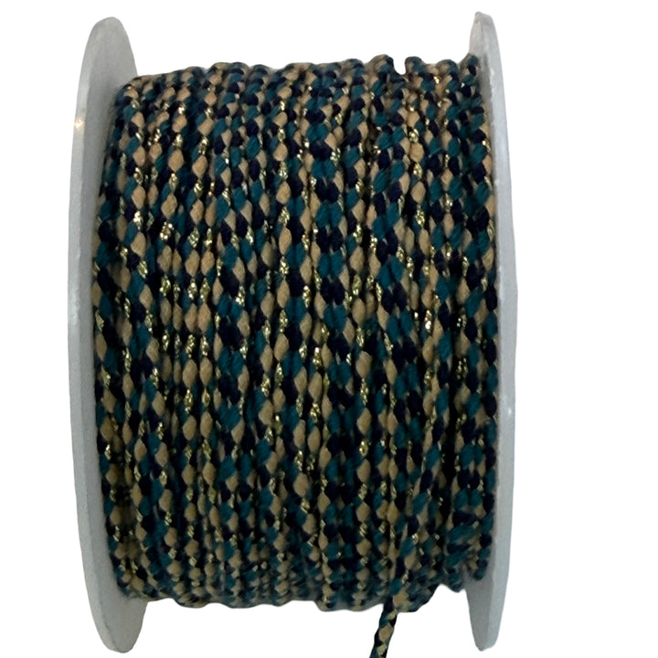 2mm Braided Jewellery Cord – Teal, Navy &amp; Beige with Metallic Gold Thread – Sold by the Metre
