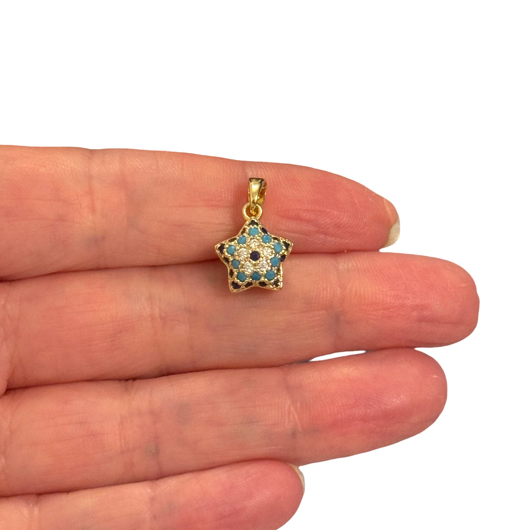 24Kt Gold Plated Blue &amp; Turquoise CZ Star Pendant – 3D Pavé Cubic Zirconia Charm, 17x11x8mm