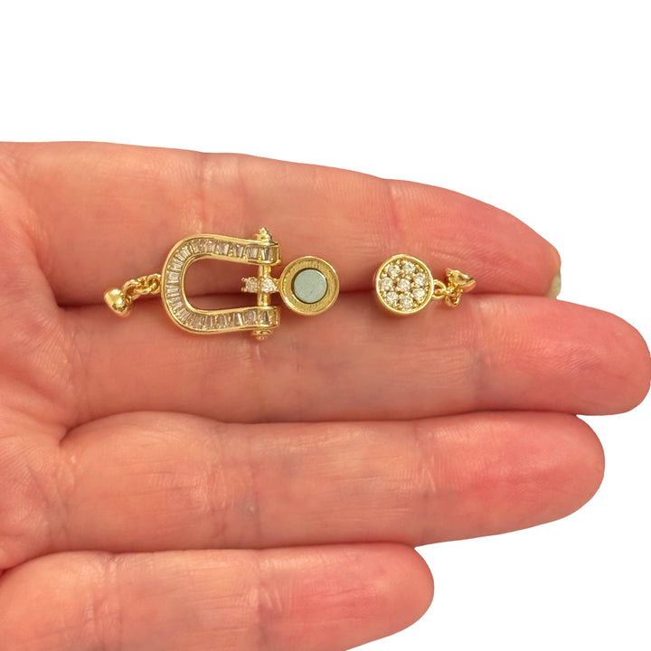 24Kt Gold Plated Magnetic Horseshoe Clasp with Baguette CZ Stones – Decorative Necklace Bracelet Clasp, 35x13mm
