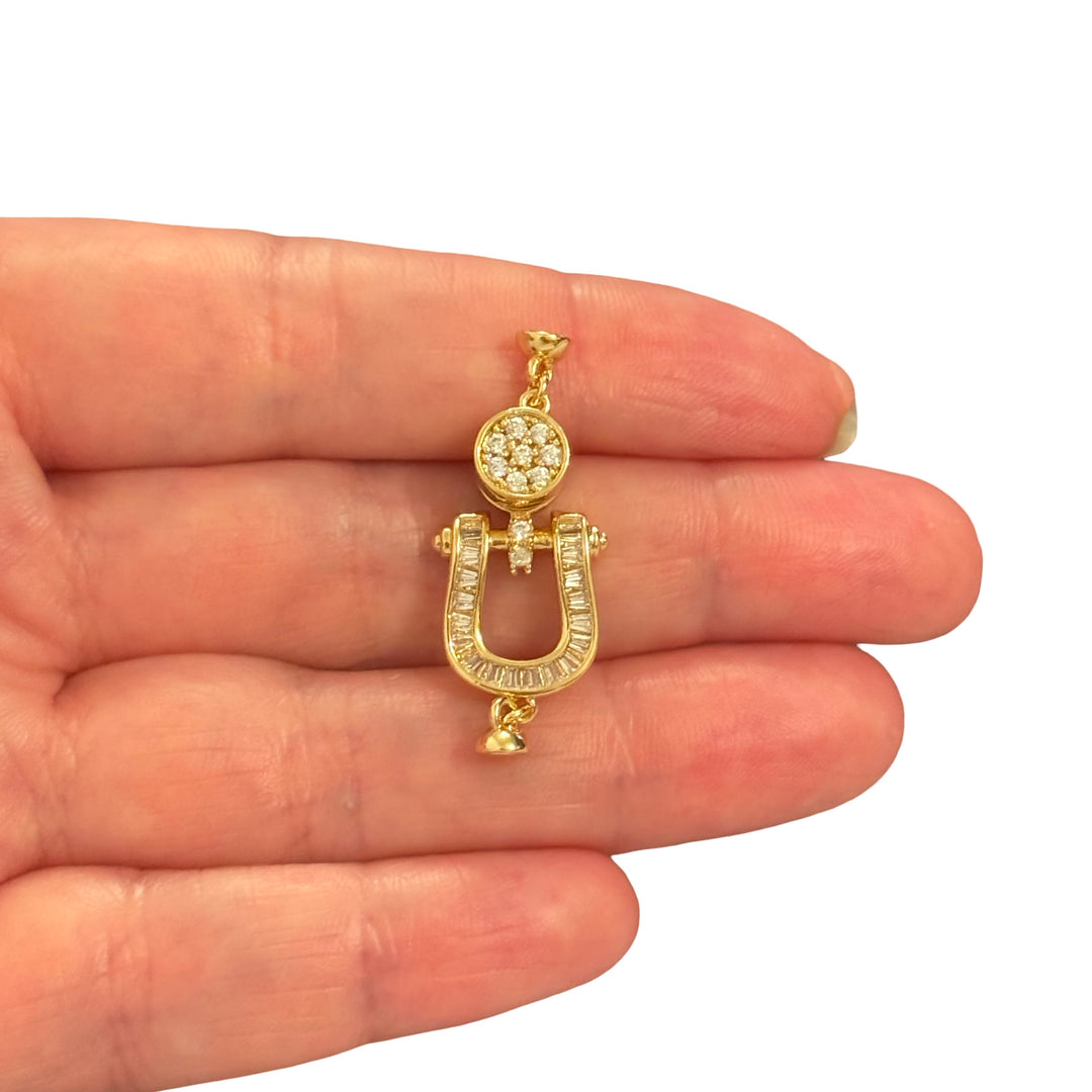 24Kt Gold Plated Magnetic Horseshoe Clasp with Baguette CZ Stones – Decorative Necklace Bracelet Clasp, 35x13mm