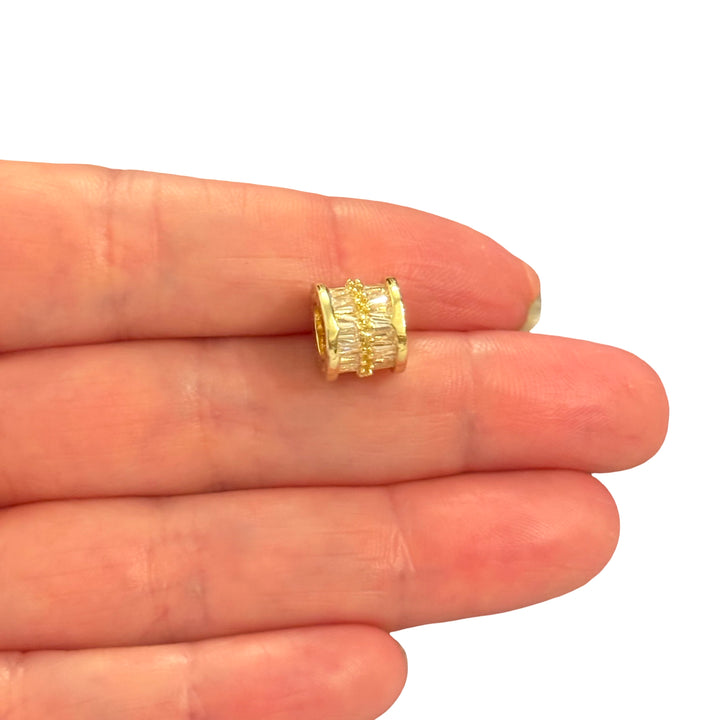 24Kt Gold Plated Baguette CZ Large Hole Spacer Bead – Sparkling Crystal Barrel Charm, 10x8mm