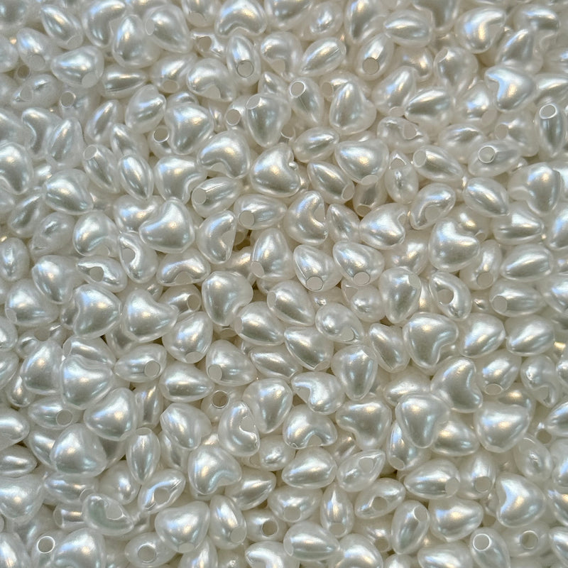 White Pearl Acrylic Heart Beads – 5x5.8x3.5mm, 1mm Vertical Hole – Approx. 470 pcs in 25g Pack