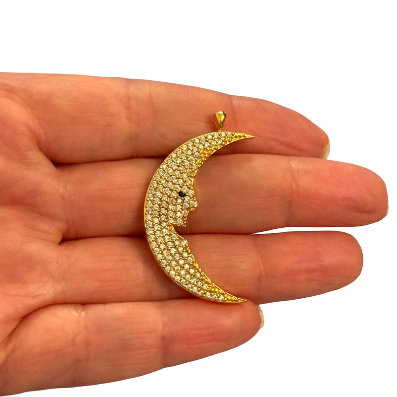 24Kt Gold Plated Crescent Moon Face Pendant – CZ Encrusted, 42x24mm