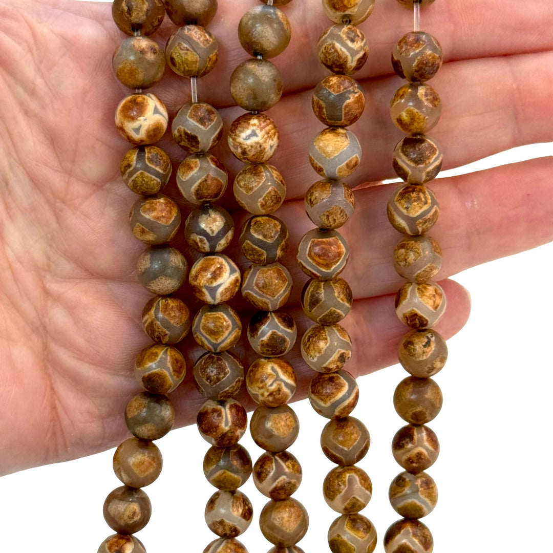Tibetan Agate Dzi Beads – 8mm Round, Natural Pattern, 48 Beads Strand