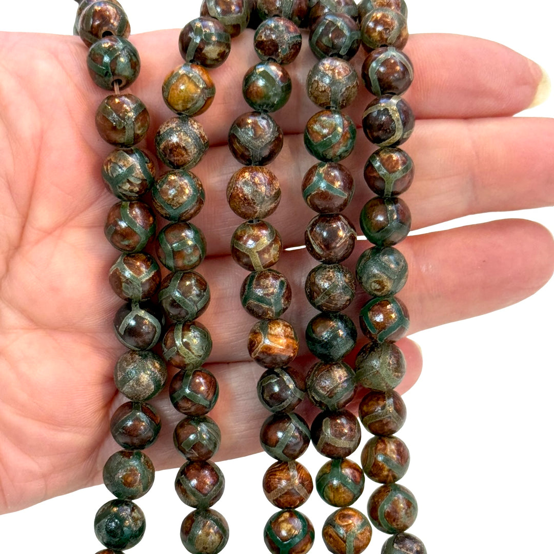 Tibetan Agate Dzi Beads – 8mm Round, Natural Pattern, 48 Beads Strand (Green-Bronze Mix)