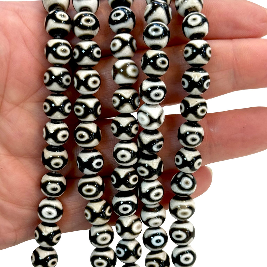 Tibetan Agate Dzi Beads – 8mm Round, Eye Pattern, 48 Beads Strand