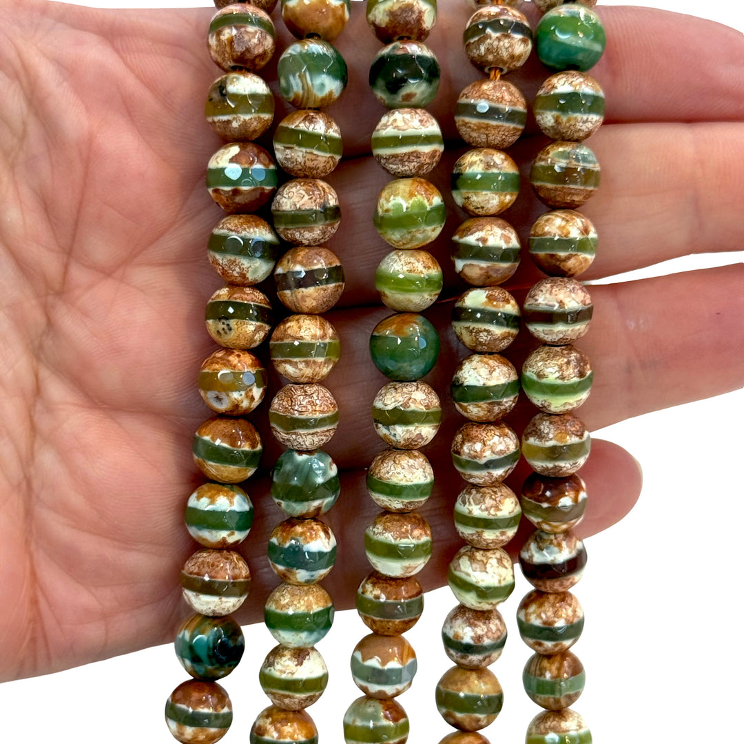 Tibetan Agate Dzi Beads – 8mm Faceted Round, Banded Pattern, 47 Beads Strand